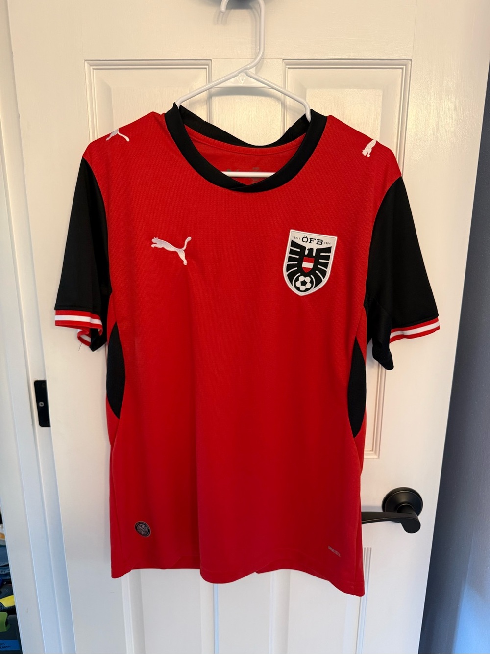 Austria Puma Red and Black Short-Sleeve Soccer Jersey with Crest